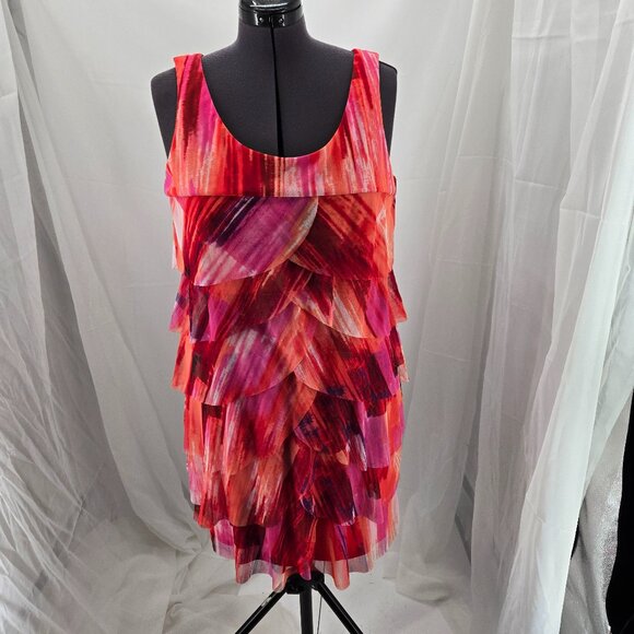 76-13 London Times Orange Pink Red Tiered Midi dress Size 16 - Picture 1 of 8